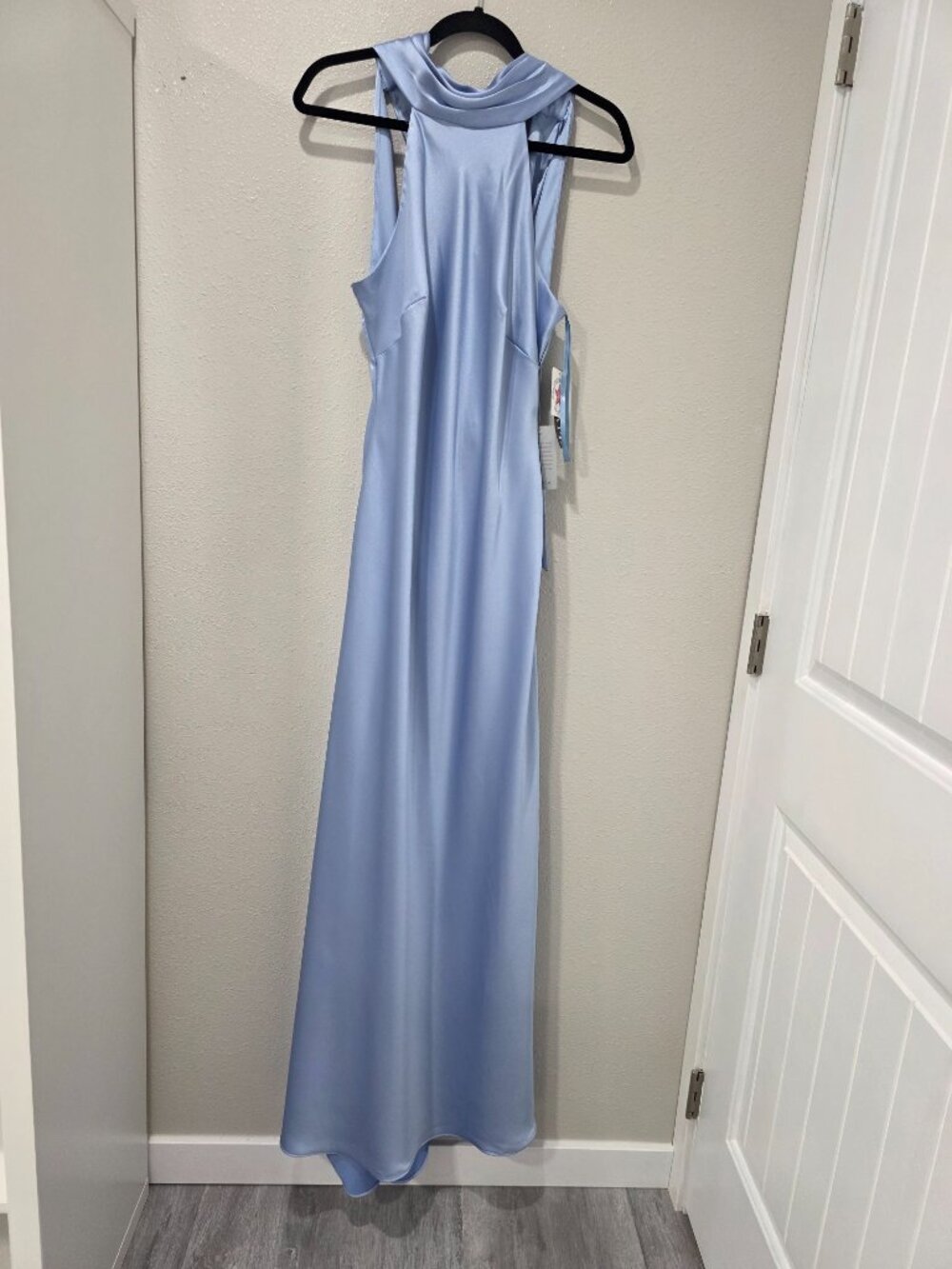 Xscape Sky Blue Satin Halter Gown – Size 10 NWT – Open Back Formal Maxi Gown - Picture 3 of 12